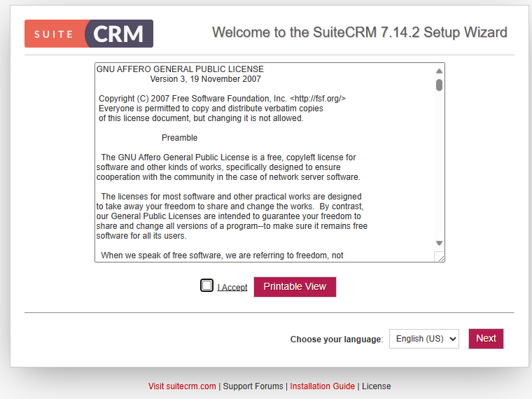 SuiteCRM 7.14.2 版本安装界面