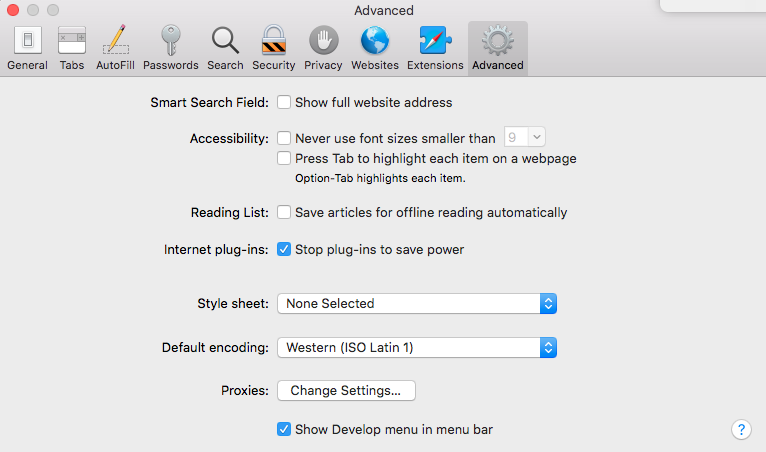 show develop menu in menu bar